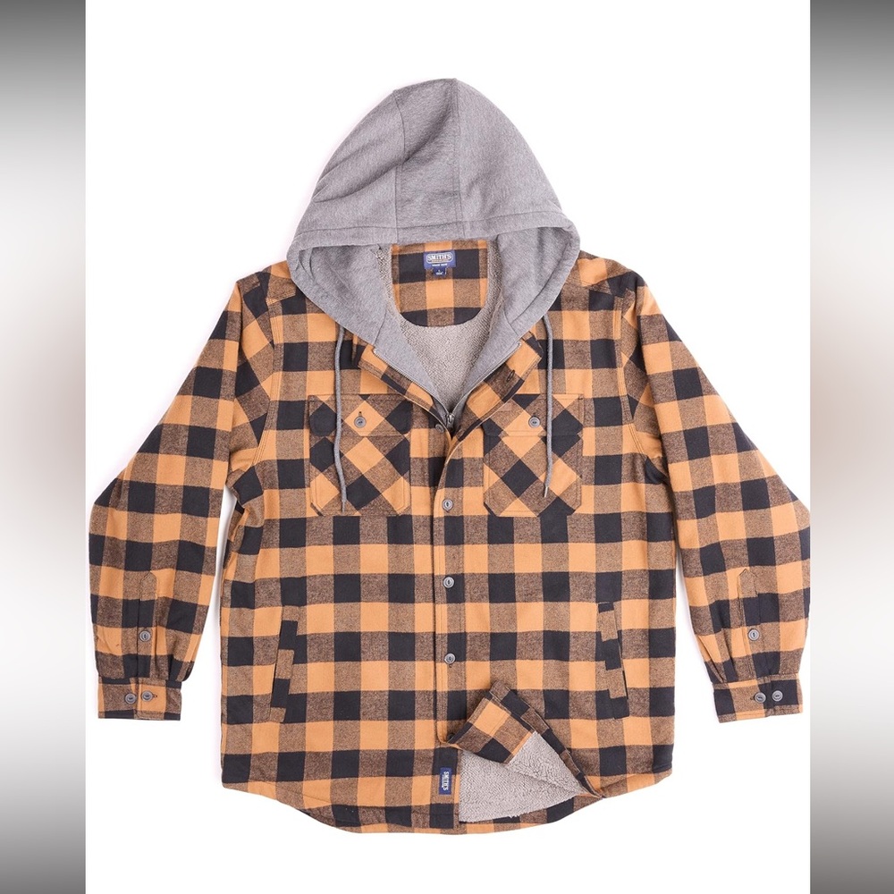 Smith's Workwear Plaid Jacket with Gray Hoodie Camel Brown/Black